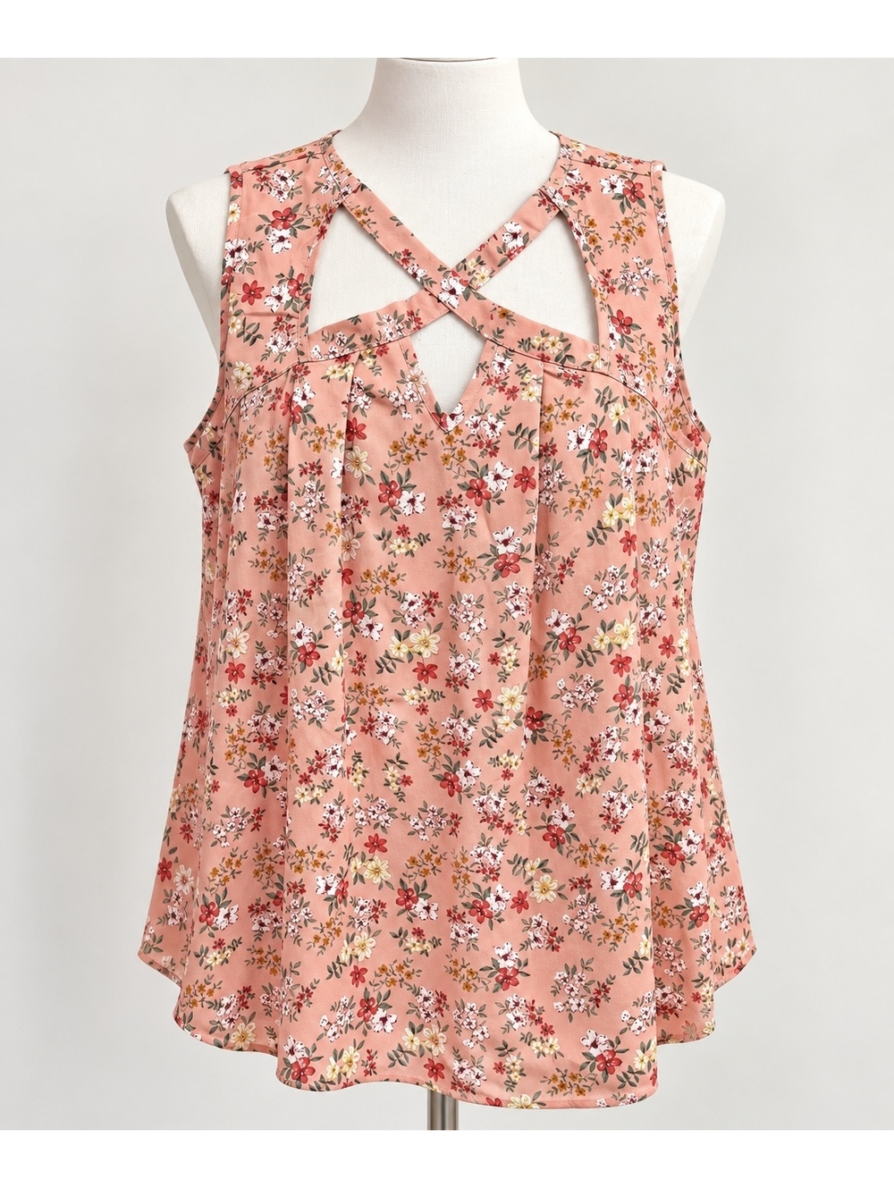 SHEIN Curve 1XL Pink Floral Sleeveless Blouse Criss Cross Cutout Plus Size